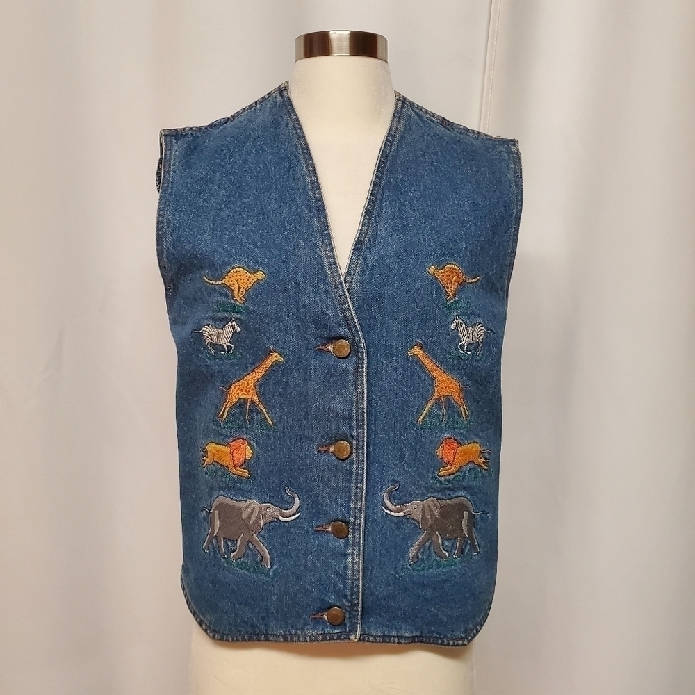 Vintage 90s y2k Safari Animal African Embroidered Blue Jean Denim Teacher Vest S